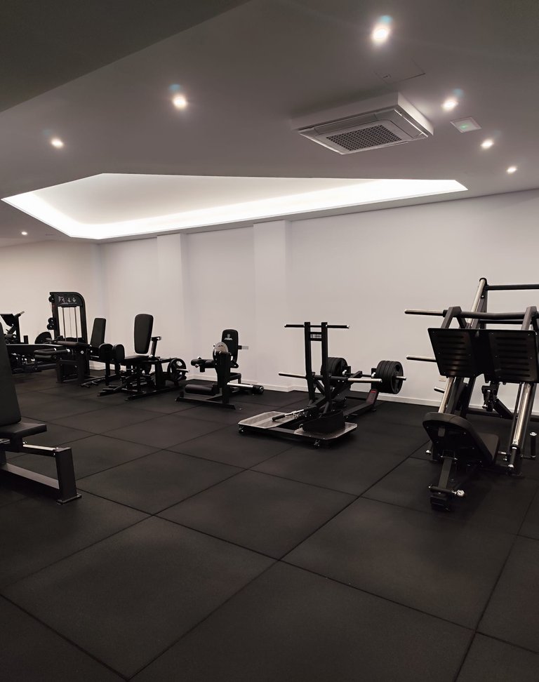 Vista de la sala del Centro Fitness Alberto López mostrando el perímetro con tira LED iluminando el techo y el equipamiento profesional dispuesto en la planta diáfana.