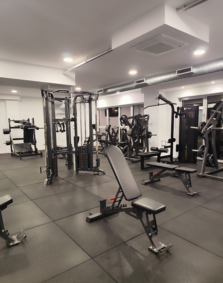 Sala diáfana del Centro Fitness Alberto López con equipamiento profesional negro mate: jaula multifuncional, banco regulable y máquinas de poleas sobre suelo de baldosas de goma, iluminada por focos LED empotrados en el techo blanco con conductos de acero a la vista.